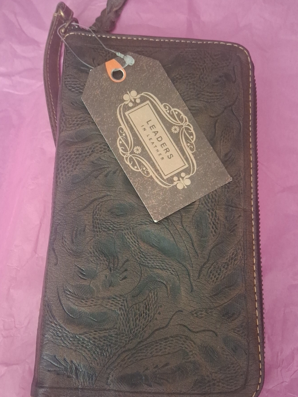 Embossed Dark Brown Leather Womens Clutch Wallet